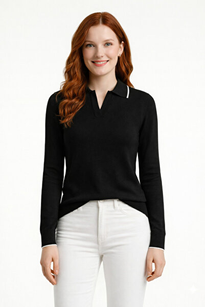 Neden Tekstil Polo Collar Stripe Detailed V-Neck Knitwear Sweater