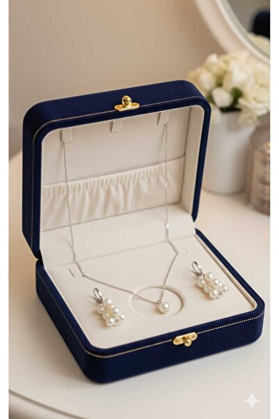 SOSYETEZGAHI White Pearl Detailed Cluster Earrings and Necklace Set - Handmad...