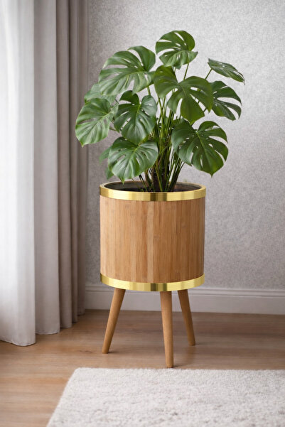 BLACK PEARL bambu Ahşap ayaklı saksı büyük boy Gold 30 cm