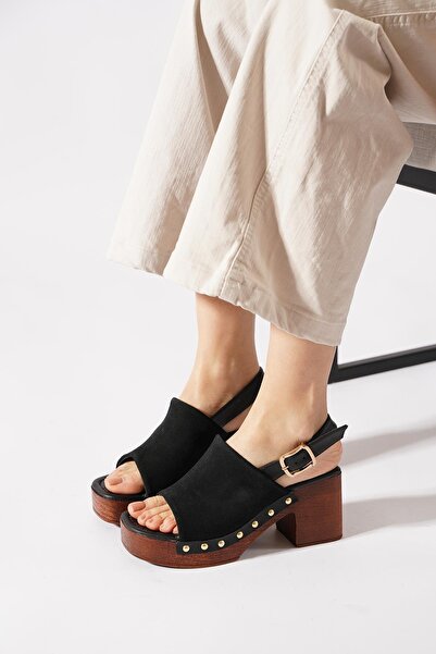 Moda Pie Женски сандали с дебела подметка и плоска предна част, черни, от велур