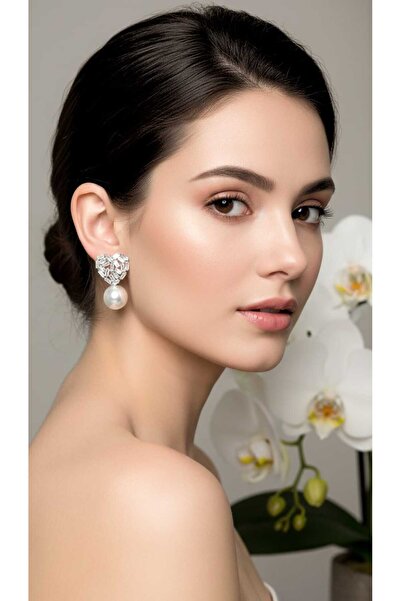 ZENA ACCESSORİES İNCİLİ KALP ZİRKON TAŞLI SİLVER ÇELİK KÜPE