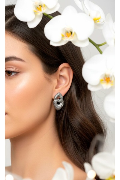 ZENA ACCESSORİES Silver Interlaced Two-Piece Zircon Stone Steel Earrings