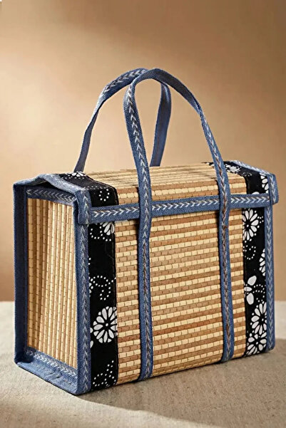 Tilbe Home Stil Modern Dokuma Hasır Sepet Taşıma Çantası Kapaklı Bambu Örgülü...