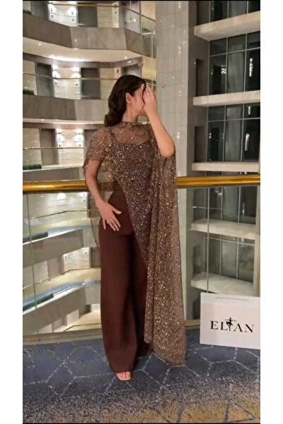 nouf Brown jumpsuit with sequin embellishments