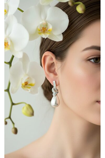 ZENA ACCESSORİES SİLVER ZİRKON TAŞLI SALLANTILI İNCİ ÇELİK KÜPE