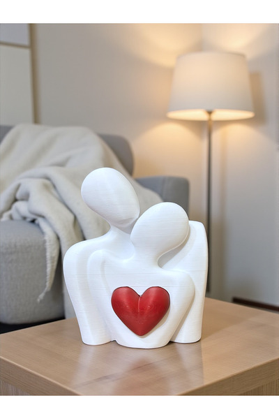 Dumledo Aşık Mutlu Çift | Sevgililer Kırmızı Kalpli Beyaz Biblo