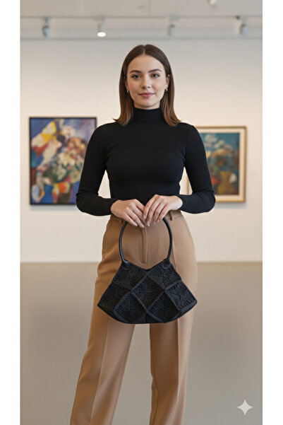 Elnora El Çantası Siyah ve taba Kağıt İp Kadın- Modern Geometrik
