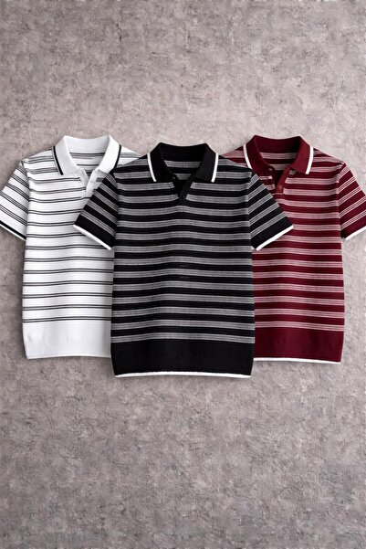 threeoff Tricou bărbătesc premium cu guler polo, tricotat în dungi, set de 3 ...