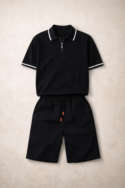 pepule Men's Ribbed Polo Collar Zippered Knitwear T-Shirt and Black Shorts Su...
