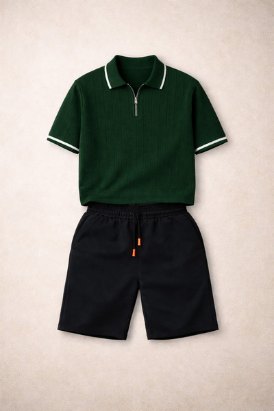 pepule Men's Ribbed Polo Collar Zippered Knitwear T-Shirt and Black Shorts Su...