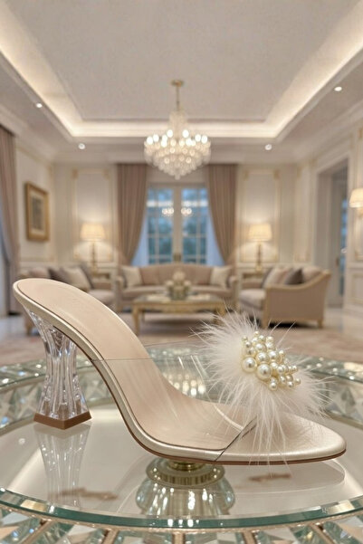 bigmama Bridal Slippers with Feathered Heels and Flat Options, Pearl-Embellis...
