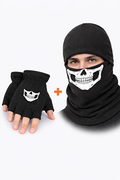 Omotasarım İskelet Maske Unisex Polar Kesik Eldiven Kar Maskesi Set