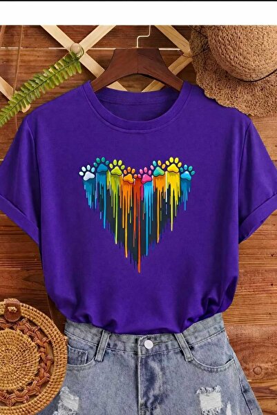 New Shine Μωβ μπλουζάκι Unisex με στάμπα καρδιάς με πατούσες