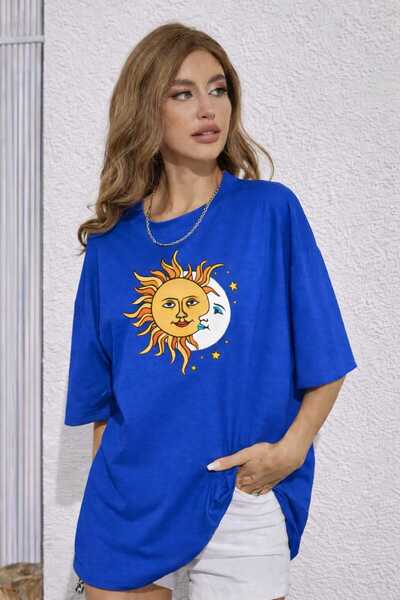 New Shine Sun Moon Printed Saks Blue Unisex T-Shirt