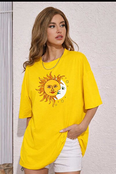 New Shine Sun Moon Printed Yellow Unisex T-Shirt