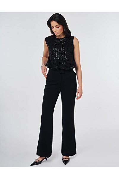 Kayra Ironed Tracked Wide Leg Trousers Black