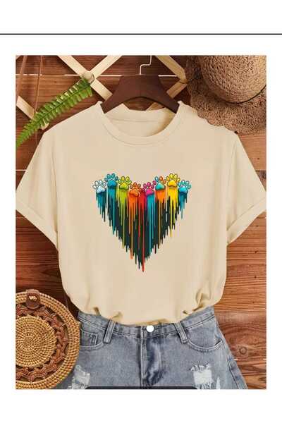 New Shine Paw Heart Printed Beige Unisex T-Shirt