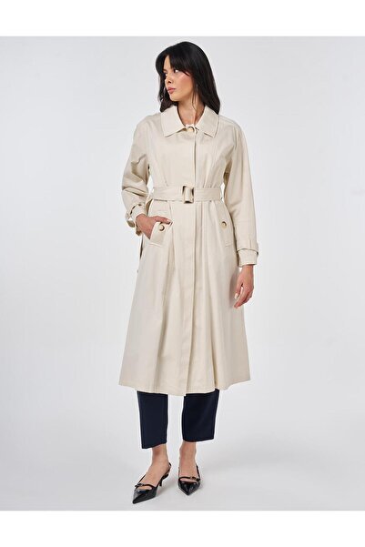 Kayra Şömizye Collar Belted Trench Coat Cream