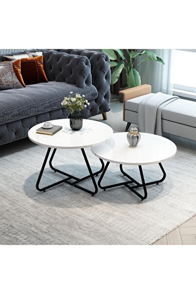 MRVHOMEE 2’li Yuvarlak Orta Sehpa Seti Metal Siyah Ayaklı BEYAZ