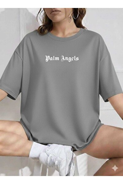 New Shine Tricou unisex gri cu imprimeu Palm Angels