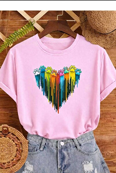 New Shine Paw Heart Printed Pink Unisex T-Shirt