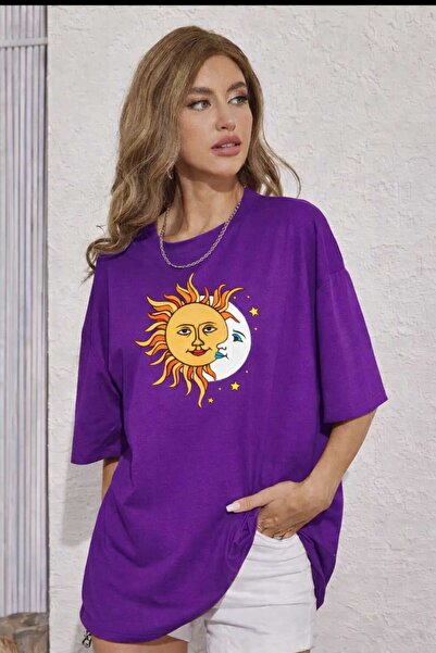 New Shine Μωβ μπλουζάκι Unisex με στάμπα Sun Moon