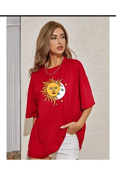 New Shine Sun Moon Printed Red Unisex T-Shirt