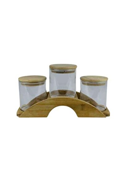 Generic Glass Jar Set with Wooden Base - 3 Pieces