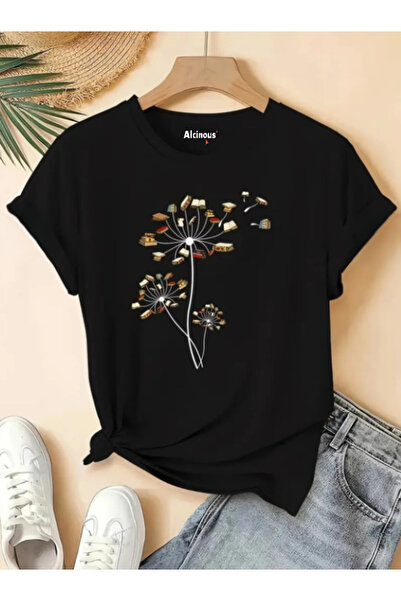 ALCİNOUS Printed Cotton Skirt Oval Crew Neck Women's T-Shirt