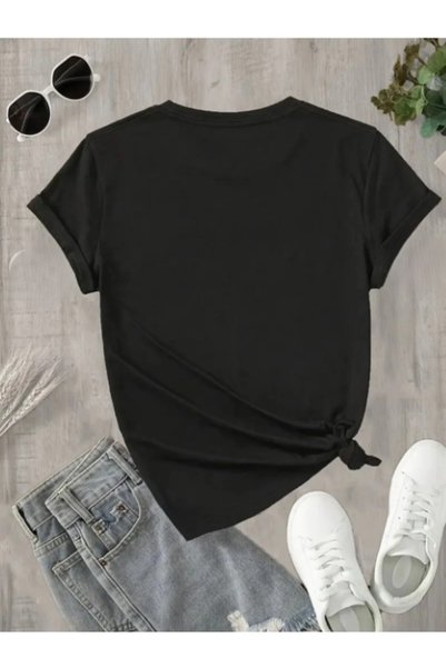 ALCİNOUS Black Printed Cotton Skirt Oval Crew Neck Women's T-Shirt