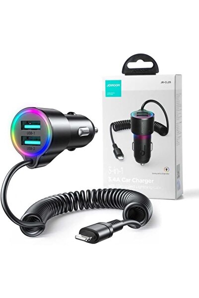 Generic شاحن سيارة بأسلاك 3 في 1 من جوي روم (JR-CL25) مزود بكابل لايتنينج حلز...
