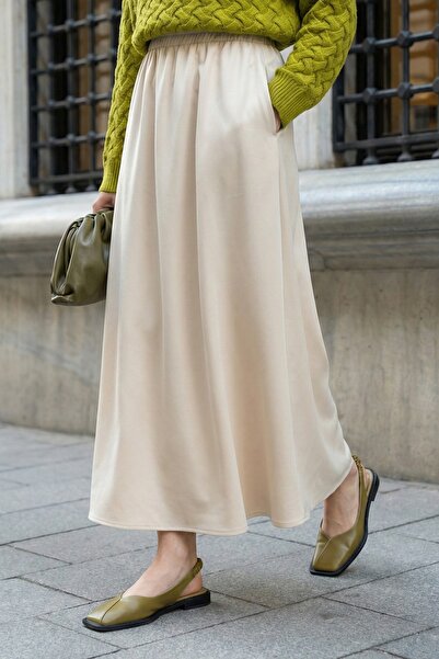 InStyle Flared Double Beige Skirt with Pockets