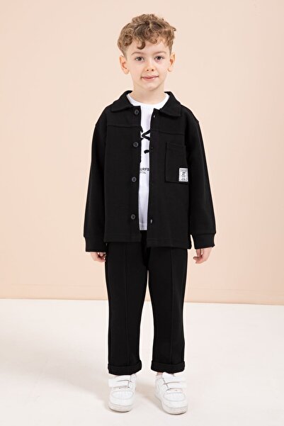 Cansın Mini Boy's 3-Piece Set with Black Crest Detailed Shirt and Double-Legg...