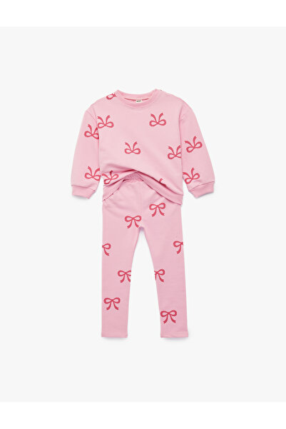 Koton Uzun Kollu Bisiklet Yaka Pamuklu Fiyonk Baskılı Sweatshirt ve Tayt Seti...