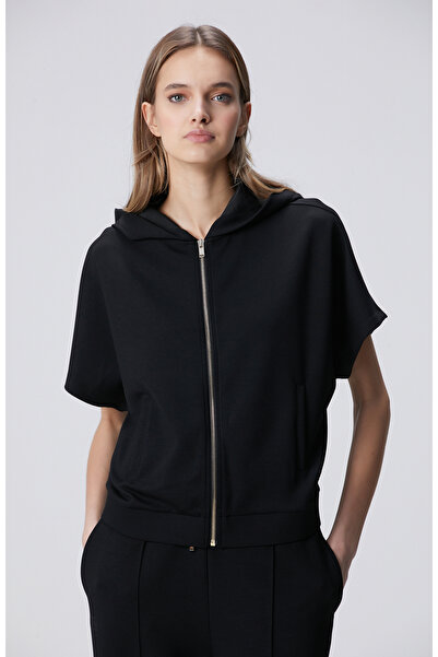 Network Siyah Alttan Büzgülü Fermuarlı Kısa Kol Sweatshirt