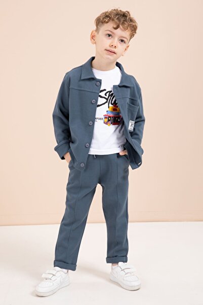 Cansın Mini Μπλε Αγορίστικο Σετ 3 τεμαχίων με Λεπτομερές Πουκάμισο με Στάμπα ...