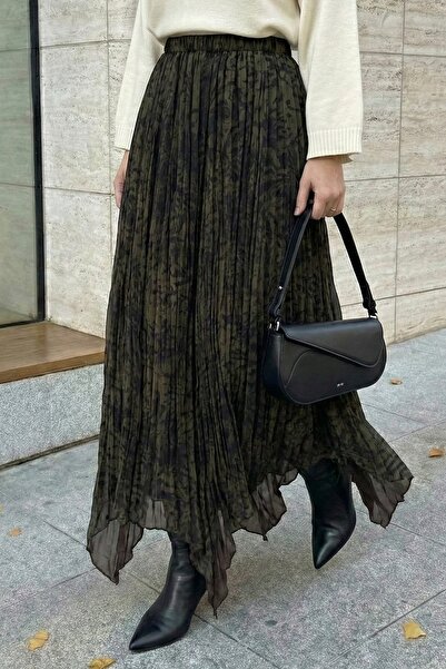 InStyle Zebra Pattern Asymmetrical Khaki Crinkled Chiffon Skirt