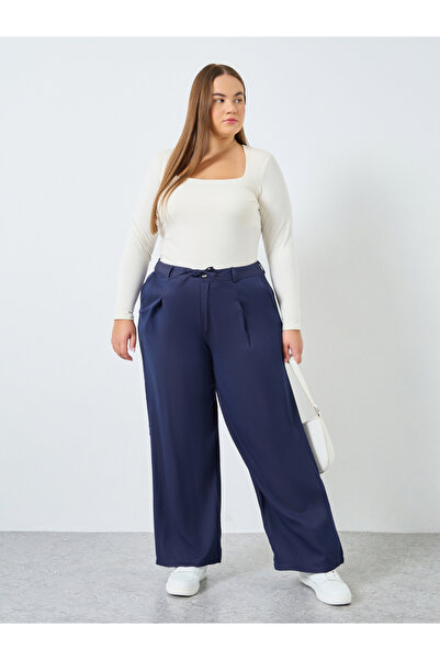 Styli Plus Size Women Navy Blue Wide Leg Trousers