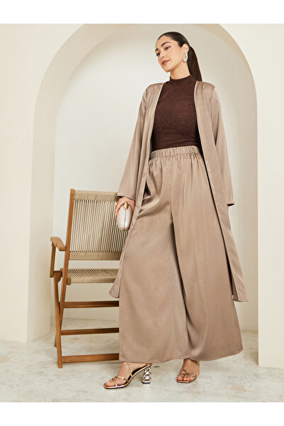 Styli Brown Satin Kimono and Wide Leg Pants Set