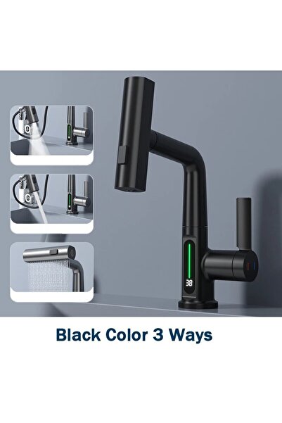 Choice3 صنبور حوض أسود مزود بشاشة عرض رقمية لدرجة الحرارة، قابل للسحب، بثلاثة...