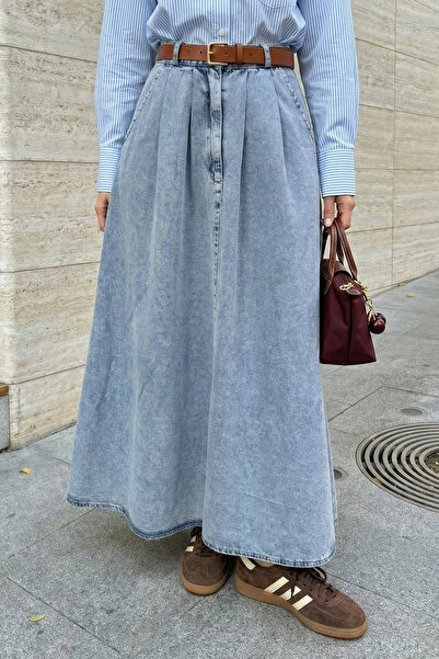 InStyle Fusta din denim albastru cu buzunare duble