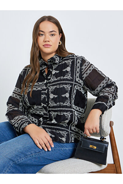 Styli Plus Size Black Floral Embroidered Shirts