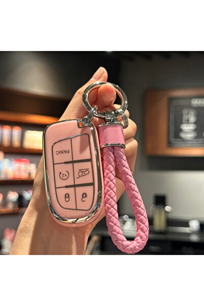 Choice1 غطاء مفتاح وردي اللون مع سلسلة مفاتيح تعليق لسيارات فيات، جيب، رينيجي...