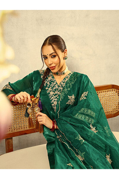 Ishin By Styli 3-Piece Zari Embroidered Festive Kurta, Trouser and Embellishe...