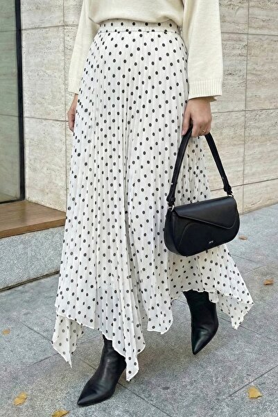InStyle Polka Dot Pattern Asymmetrical White Crinkled Chiffon Skirt