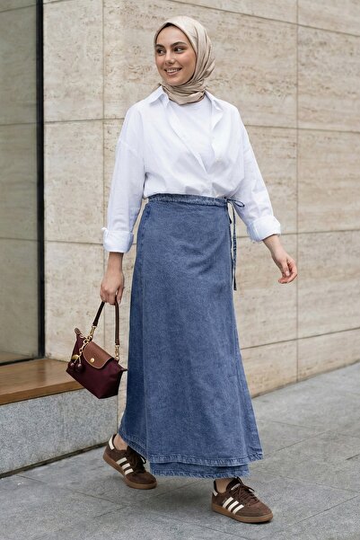 InStyle Fusta din denim albastru cu detaliu de legare și tiv evazat