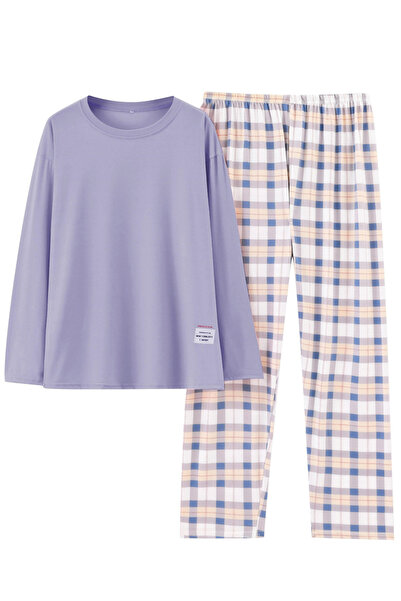 Take Two By Styli Plus Size Purple Long Sleeve Top and Checked Pyjama Set