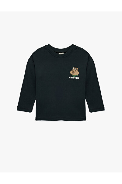 Koton Tricou cu mânecă lungă din bumbac, cu decolteu rotund și imprimeu Capybara