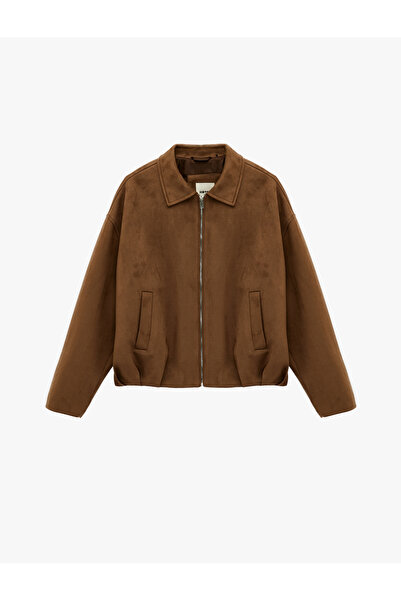 Koton Long Sleeve Pocketed Zippered Faux Suede Oversized Bomber Jacket