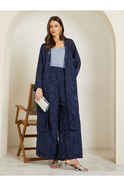 Styli Navy Studded Jacquard Kimono and Pants Co-ords